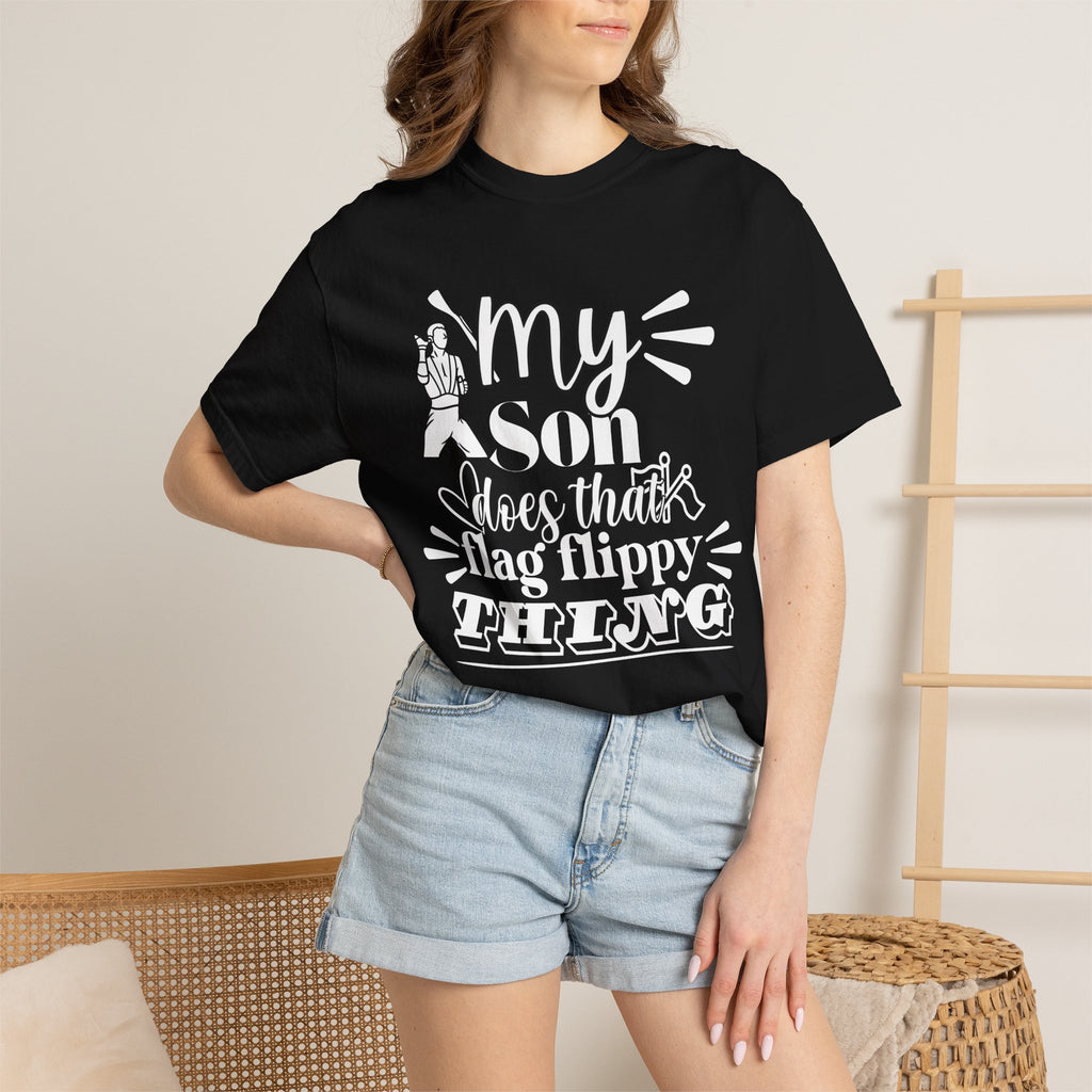 My son does that flippy flag thing- Funny Color guard T-shirt