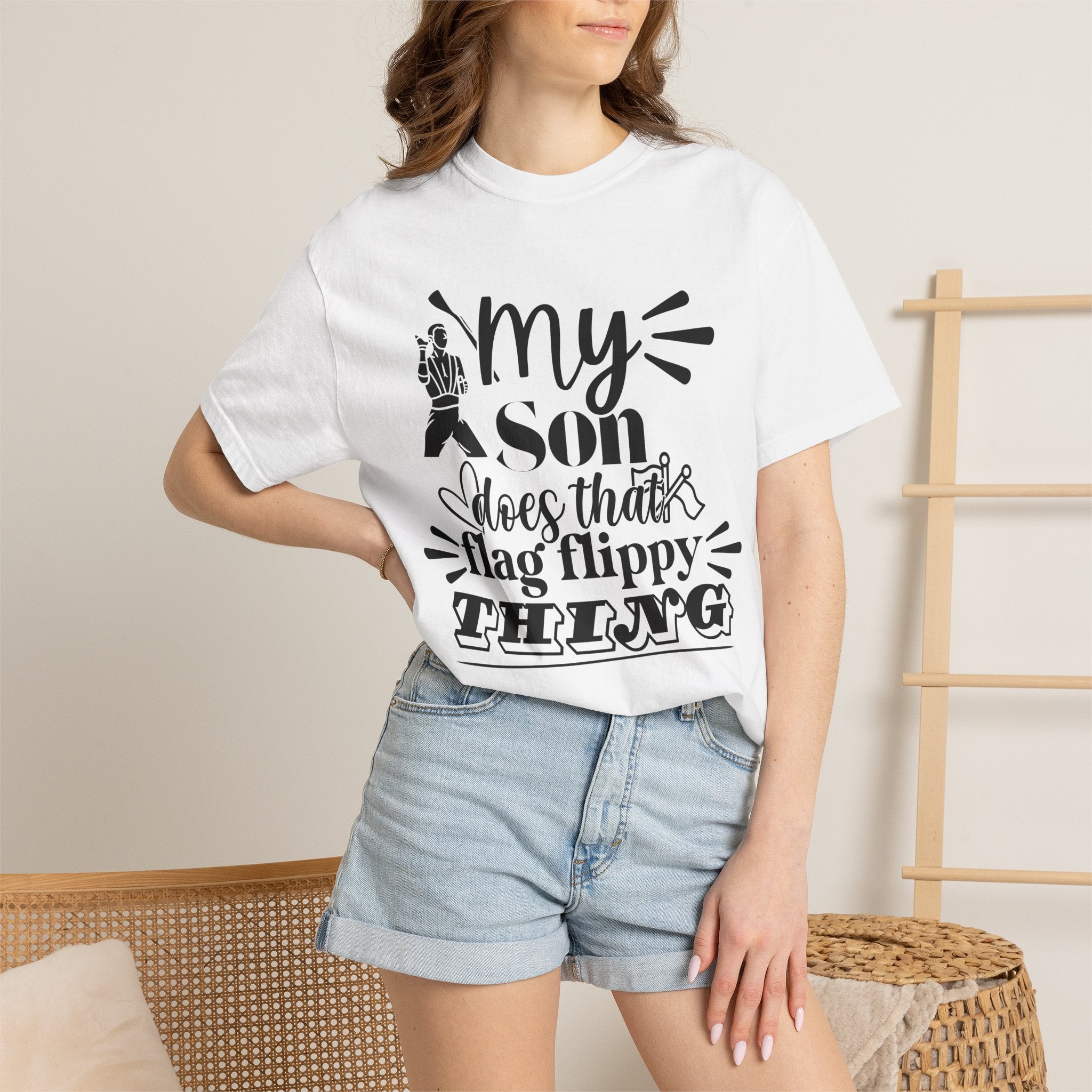 My son does that flippy flag thing- Funny Color guard T-shirt